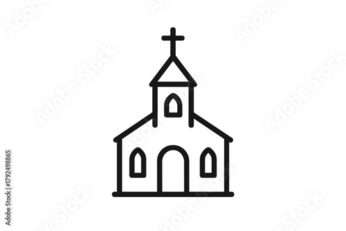 Minimalist line drawing of a Christian church building with a cross on the steeple