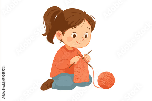 Happy young girl learning the traditional craft of knitting with yarn and needles