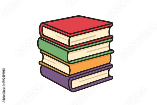 Vertical stack of four brightly colored books representing education and academic study