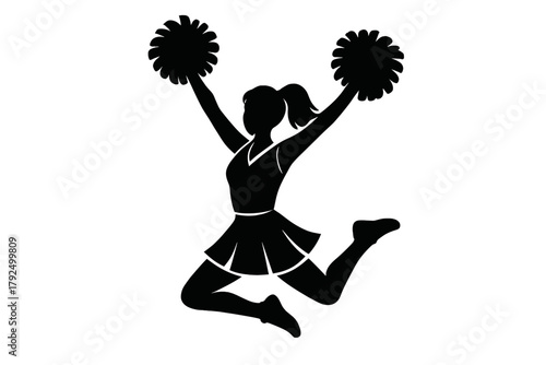 Dynamic silhouette of a female athlete performing a cheer jump with arms raised holding pom-poms
