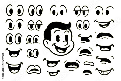 Classic cartoon character face parts kit with various eyes and mouths showing different emotions