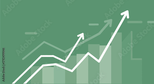 Green business finance chart showing growth and stock market success with an arrow pointing up, illustrating investment progress