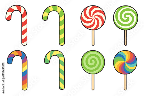 Assortment of colorful striped candy canes and swirl lollipops for sweet holiday treats