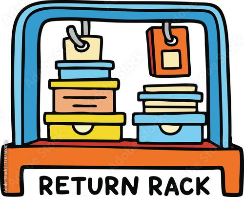 Cartoon Return Rack with Stacked Boxes and Tags Underneath Bright Blue Frame With Orange Base