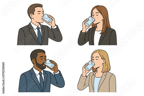 Diverse business people drinking water from a glass, staying hydrated during work hours