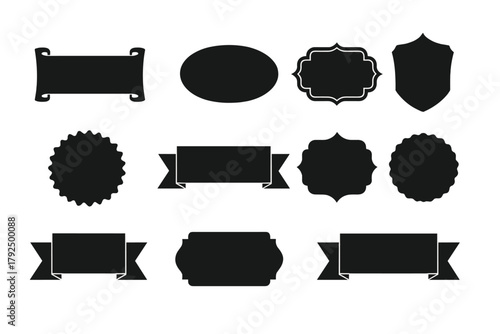 Vintage blank black silhouette shapes including ribbons, labels, banners, and shields