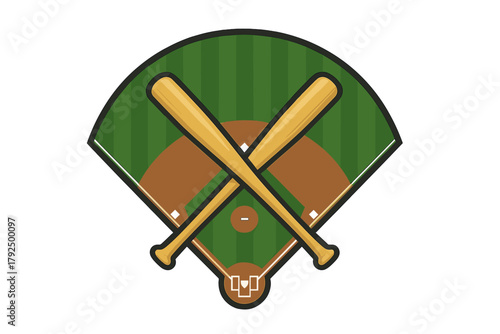 Overhead view of a baseball diamond with green grass outfield and two crossed wooden bats