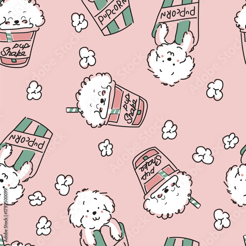 Playful seamless kids patter. adorable popcorn puppies in cups with scattered popcorn kernels. A fun hand-drawn cartoon style ideal for children’s apparel, baby products, nursery decor, fabric prints.