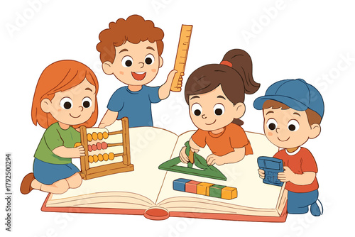 Happy children learning mathematics with counting tools on open book