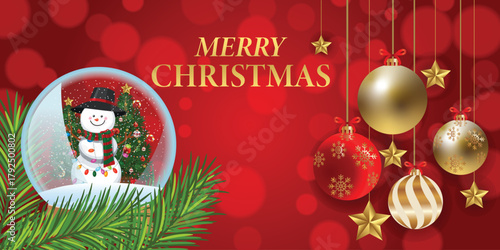 Festive Christmas Greeting with Snowman Snow Globe and Golden Ornaments
