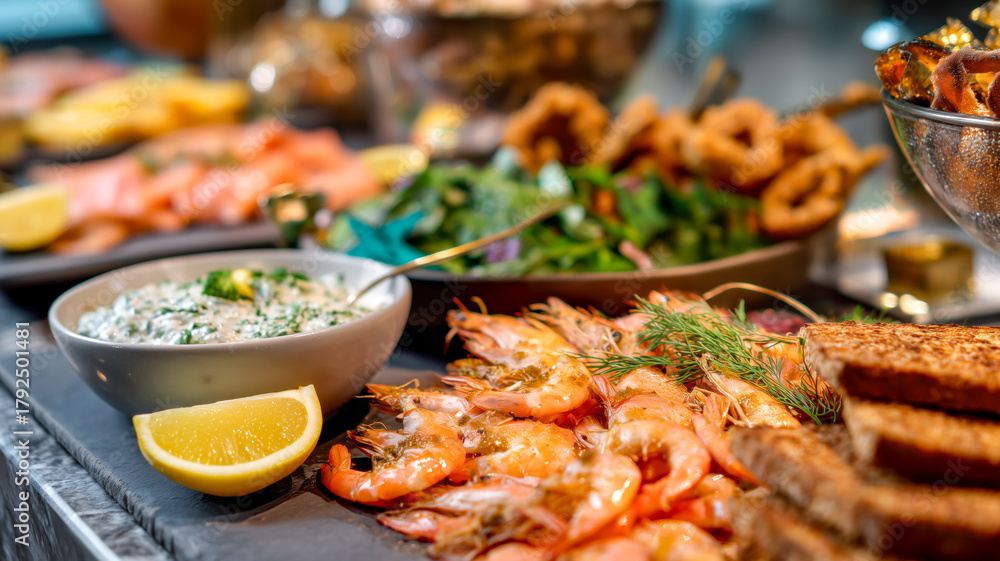 Obraz premium An elegant assortment of foods on display. From shrimp, creamed spinach, salmon, salad, and toasted bread, perfect for special occasions.