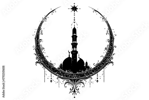a stylized silhouette of a mosque in an ornate crescent shapeblack, circle, crescent, frame, illustration, mosque, profile, star, symbol 