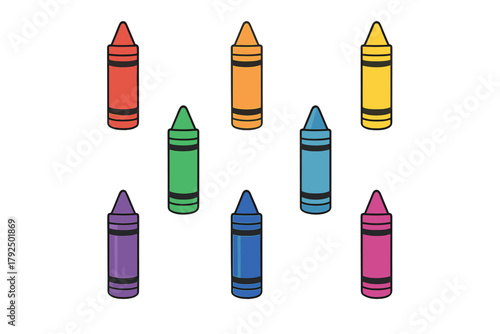 Eight brightly colored wax crayons scattered randomly on a clean white background