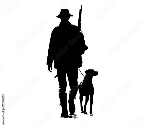 a silhouette of a hunter with a dogcatch, cowboy, cowboy hat, dog, gun, leash, man, person, profile, rifle, shotgun, stand, sun hat, walk, weapon 