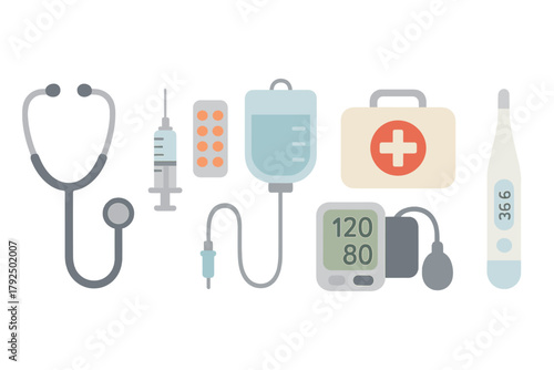 Essential medical equipment set featuring stethoscope syringe first aid kit and blood pressure monitor