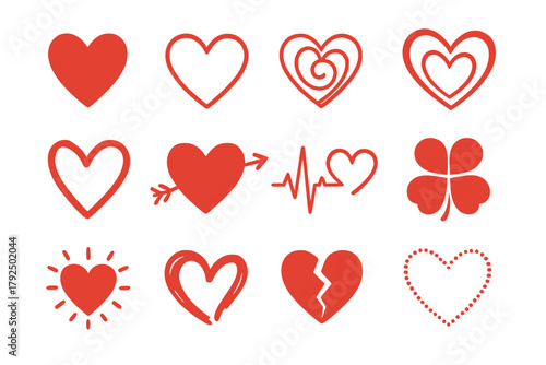 Set of diverse red love symbols and heart shapes for romance and Valentine's Day designs