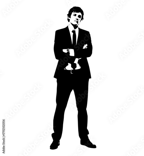 a silhouette of a man in a formal suit with crossed armsarm, black, business suit, businessman, cross, hand, man, pose, stand, suit, tie, wear 