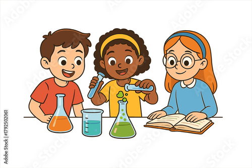 Young students performing a fun chemistry experiment with colorful liquids and glassware