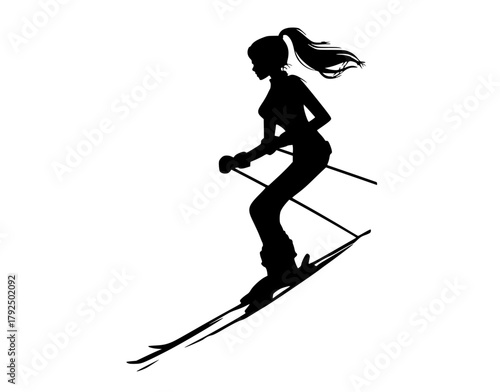 a silhouette of a female skier in mid-air, holding ski polesblack, girl, jump, pole, ponytail, profile, ski, skier, woman 
