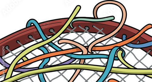 Colorful Threads Tangled On A Tennis Racquet Net With A Red Frame And Grey Laces