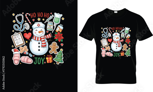 Nurse Christmas Snowman Shirt – Ho Ho Ho Joy Holiday Nurse Gifts, Cute Medical Xmas Tee for RN, LPN, Healthcare Workers, Festive Nursing Christmas Outfit with Stethoscope & Holiday Icons