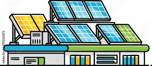 Modern Solar Panel Array Structure with Blue and Green Accents and Yellow Panels