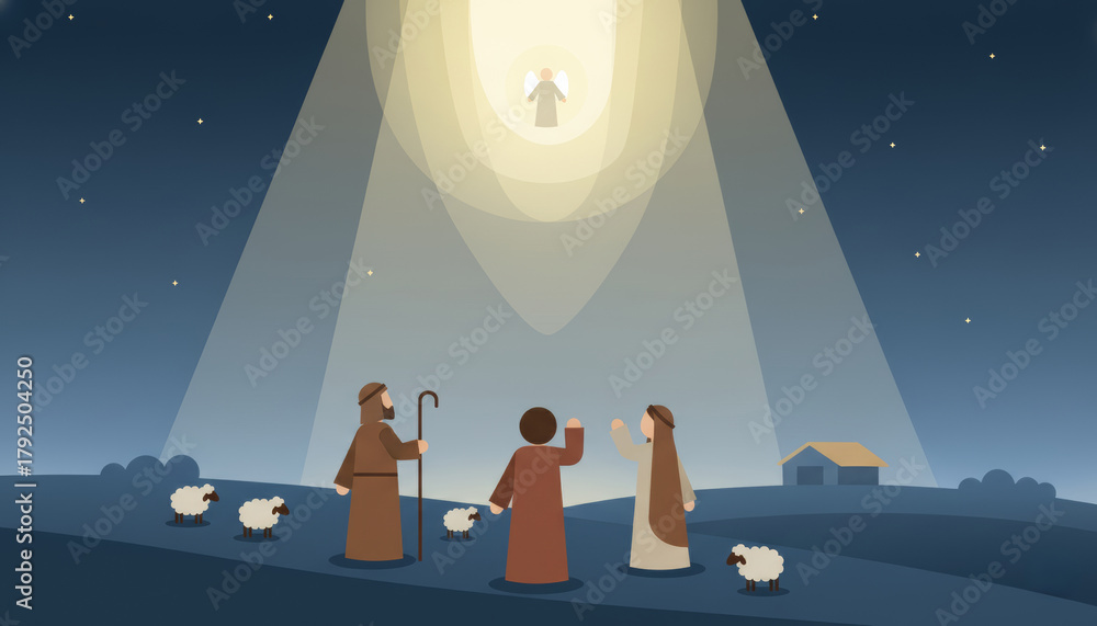 Fototapeta premium A graphic illustration of the Christmas Nativity story, showing the Annunciation to the Shepherds. An angel appears in a bright beam of light from the starry night sky, while three shepherds.