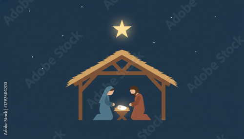 A minimalist graphic illustration of the Nativity scene. Mary and Joseph kneel to adore baby Jesus in a manger inside a rustic stable, while the Star of Bethlehem shines above in a dark, starry night 