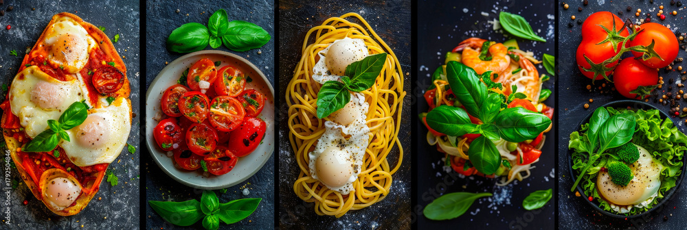 Fototapeta premium Colorful presentation of various Italian pasta dishes with fresh ingredients and herbs on a dark background