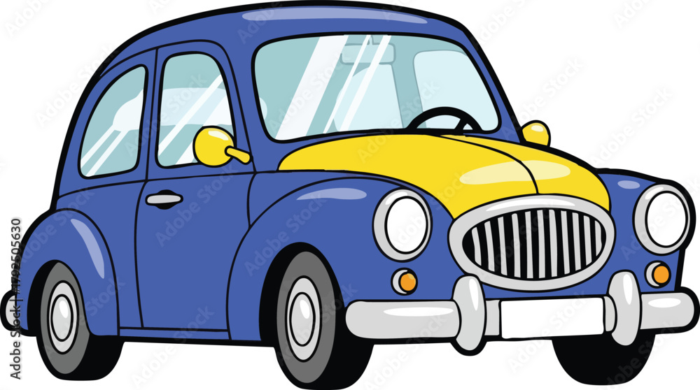 Fototapeta premium Classic Blue and Yellow Two Tone Vintage Car with Chrome Accents and White Wall Tires