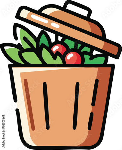 Brown Trash Can Filled with Salad Greens and Red Tomatoes and Lid Ajar