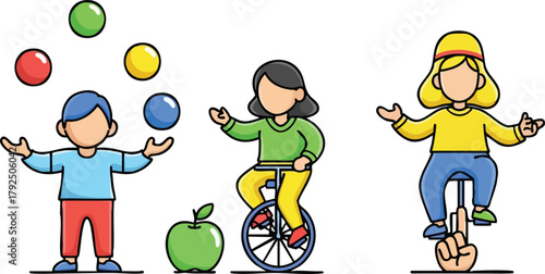Three Children Perform Circus Acts With Juggling Balls Unicycle And Apple Against White Background