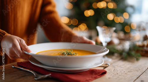 Person serving bowl of creamy soup with garnish on rustic wooden table with festive blurred lights in background
