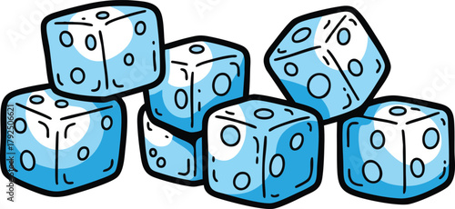 Pile of blue dice with white circles on a white background cartoon illustration