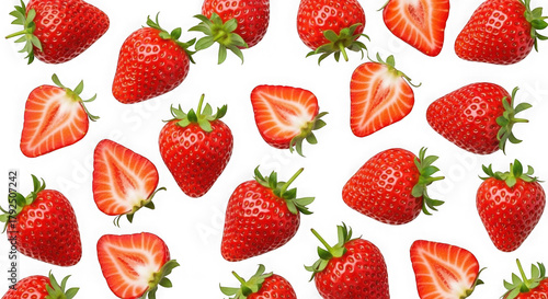 Red ripe strawberries whole and sliced scattered isolated on transparent background