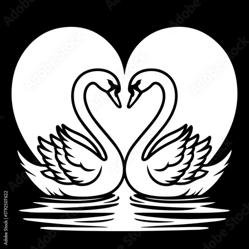 Two swans forming a heart shape while swimming on water  