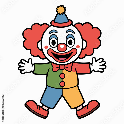 Colorful cartoon clown character smiling and welcoming with arms raised  