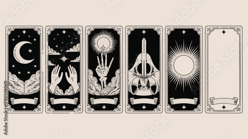 A set of six black and white tarot card frames arranged horizontally. Each frame has an ornate gothic border design with decorative corner elements and small stars.  