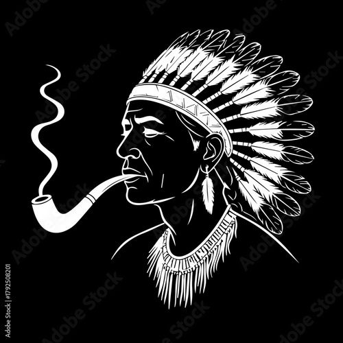 Indigenous man smoking pipe while wearing traditional headdress  