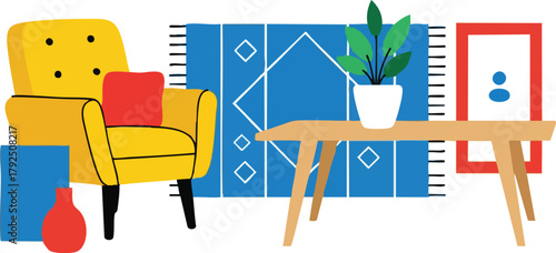 Modern Living Room Scene With Yellow Armchair Blue Rug and Wooden Coffee Table