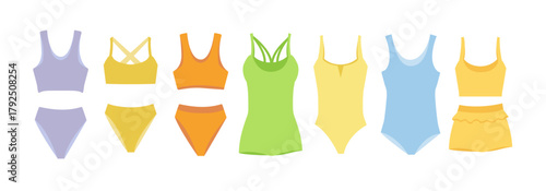 Colorful sportswear on white background. Sport swimsuits, bra and briefs. Elastic comfort clothing swimming, diving, fitness, stretching. Vector illustration set.