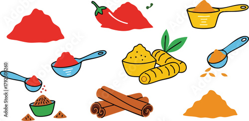 Assorted Spices Including Chili Powder Turmeric Cinnamon Sticks and Curry Powder