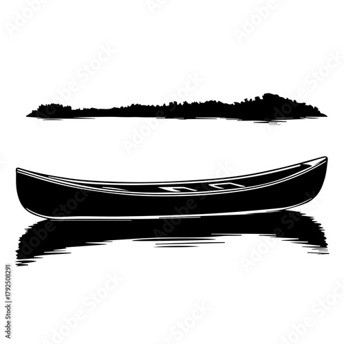 Black canoe silhouette on calm water with island background  