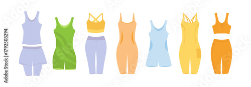 Bright sportswear on white background. Sketches of tops and cycling shorts, bodysuits. Sport shorts and bra. Elastic comfort clothing for cycling, swimming, diving, fitness. Vector illustration set.