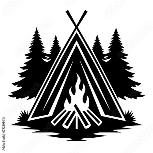 Camping tent with campfire surrounded by pine trees  