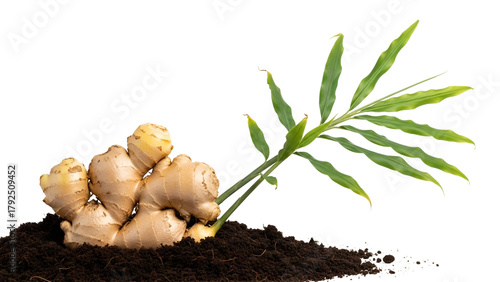 Ginger Root with Green Shoots on Dark Soil Transparent Background Fresh Spice Natural Medicine Ingredient Herb Plant Antioxidant Healthy Food Brown