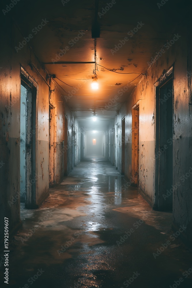 Obraz premium dark hallway with doors and light