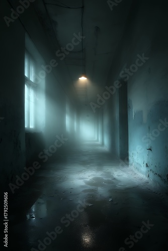 dimly lit hallway with fog and light