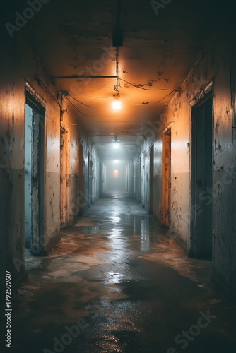 dark hallway with doors and light