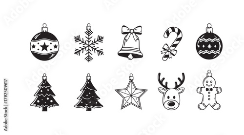 Collection of hand drawn christmas ornaments in a black silhouette style silhouette